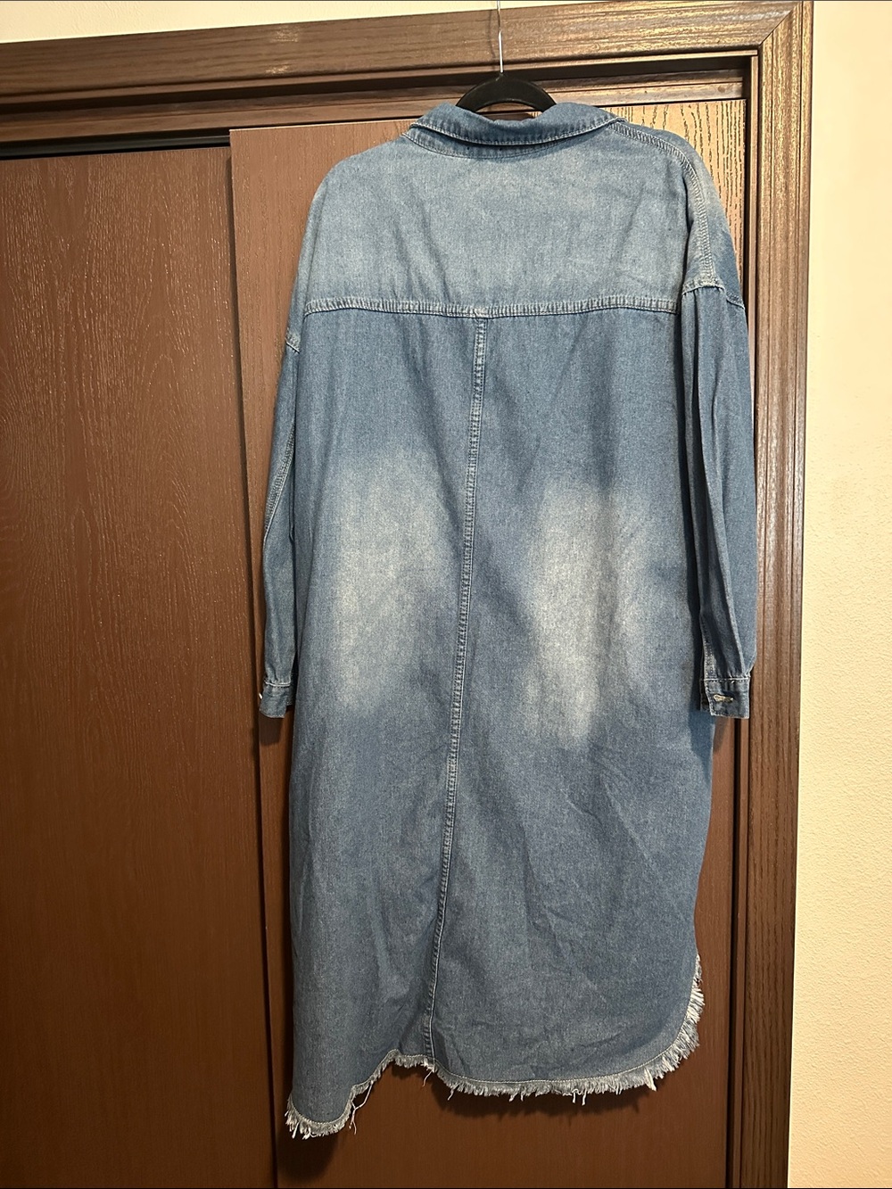 Women's Light Blue Distressed Denim Long Sleeve Shirt Dress - Picture 3 of 5